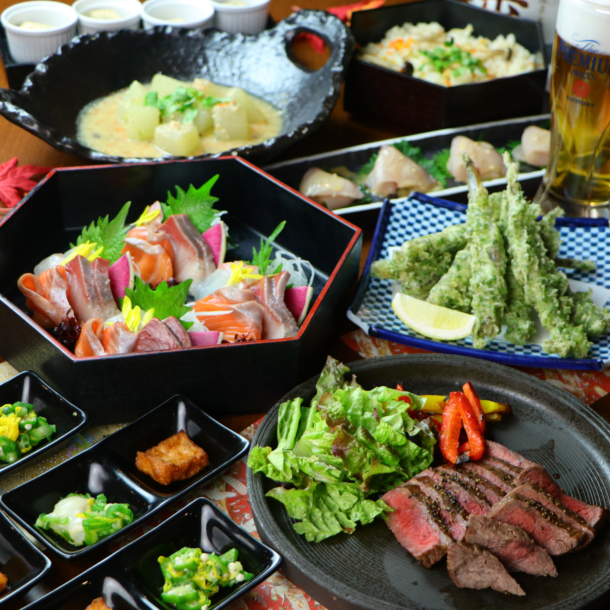 12月【妻籠】熟成牛ロースト×熟成魚3種盛×鰆195種2H飲み放題5500円⇒日~木5000円/金・土5500円